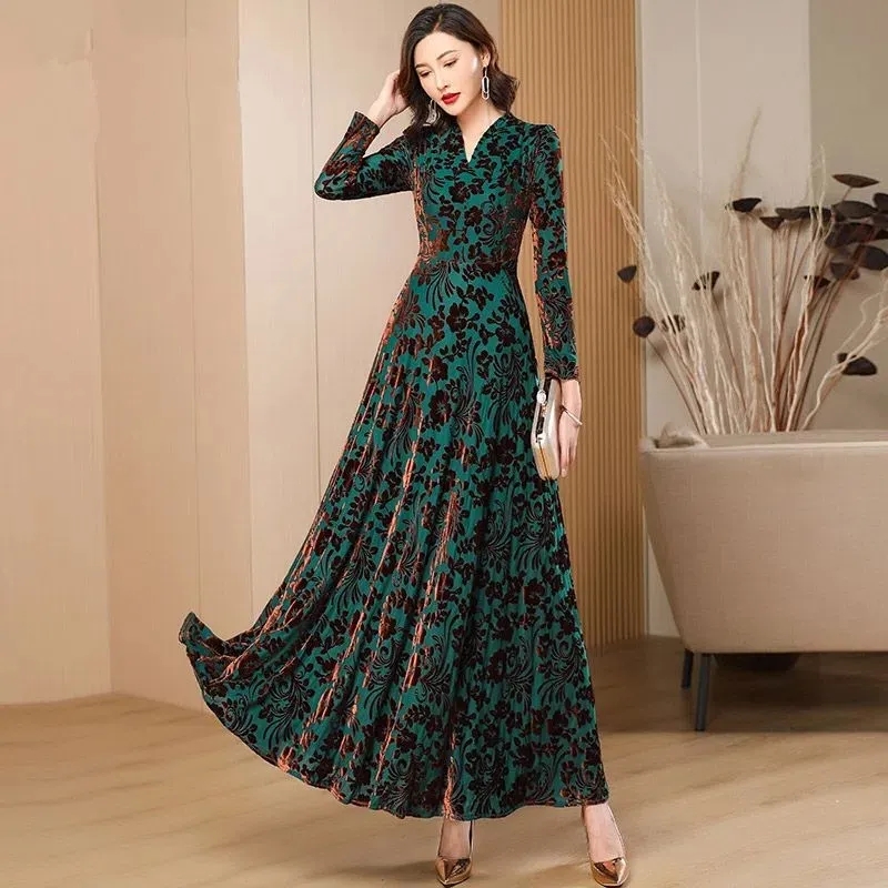 Robe longue en velours doré à  - Women'S Green Formal Wear avis et prix
